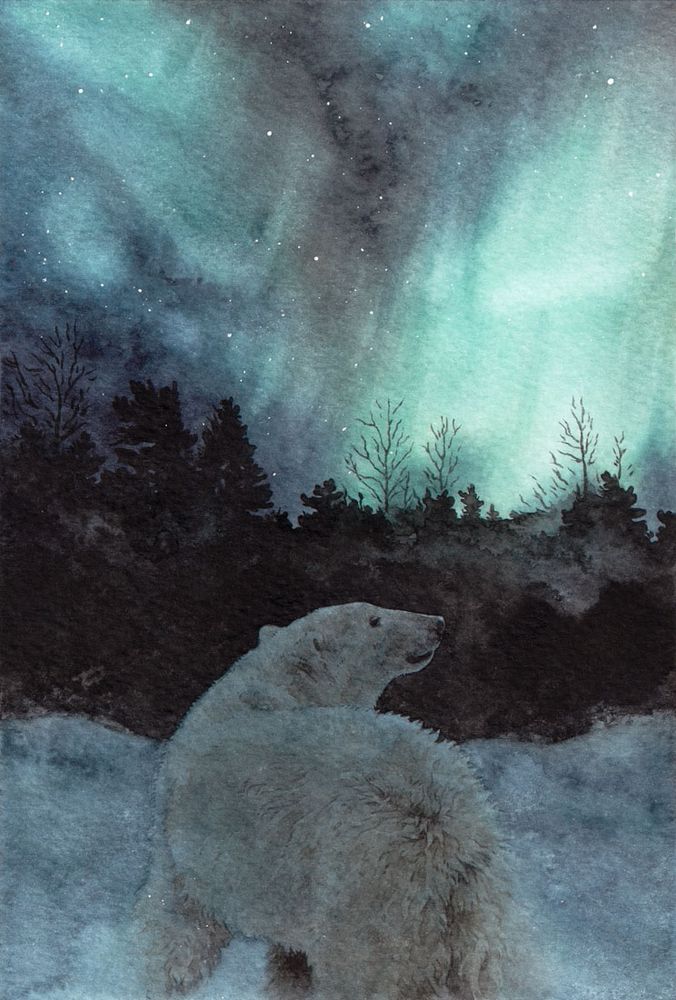 watercolor painting of a polar bear looking at green northern lights, with a forest in the background.