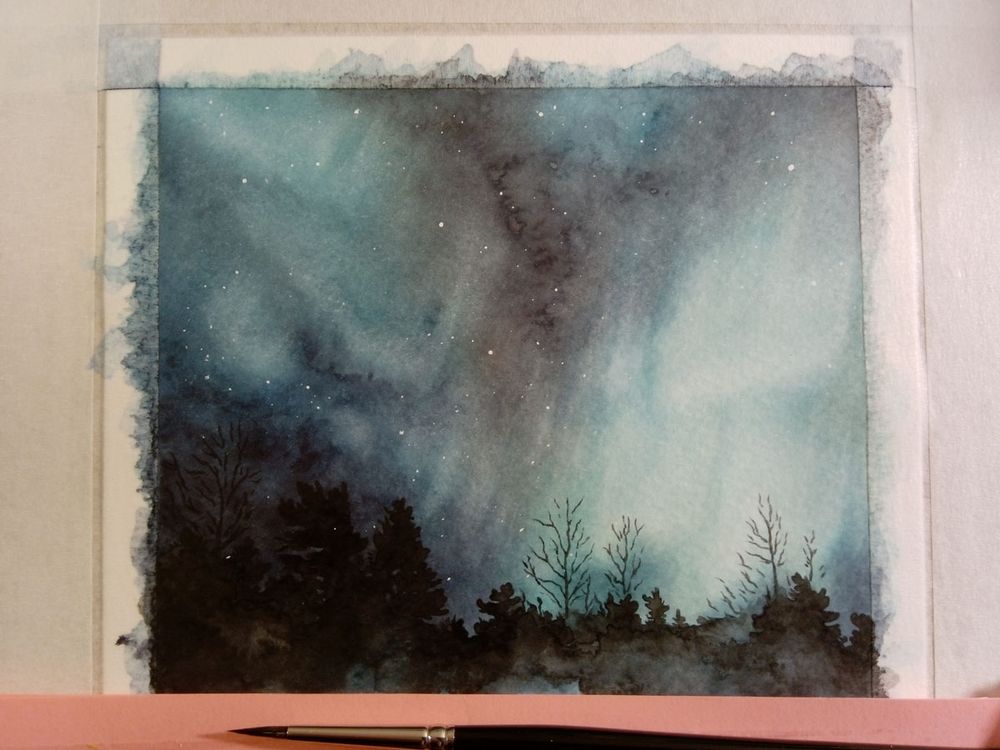 watercolor painting of greenish northern lights above a forest