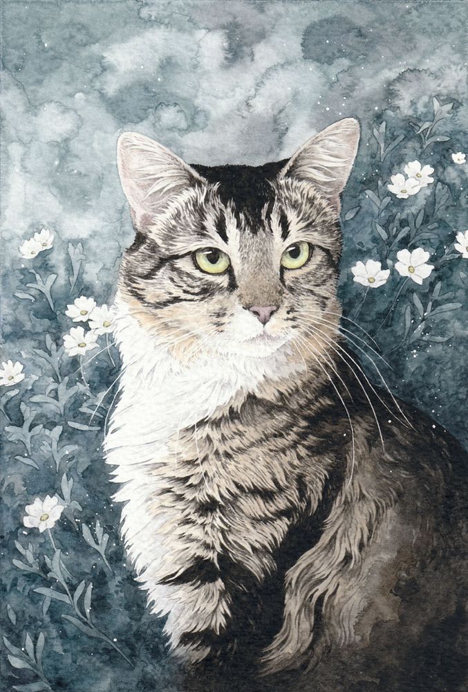 watercolor painting, a tabby cat portrait with greyish plants and small white flowers in the background.