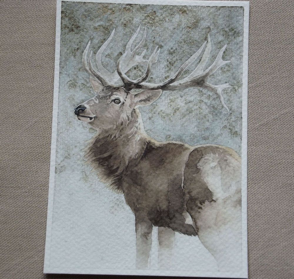 watercolor painting of a stag standing still, looking back towards the viewer, before a light green and gold background. The stag has large antlers and a fluffy neck.