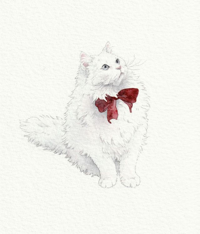 watercolor painting, a cute fluffy white cat wearing a red bow, sitting there looking cute and silly.