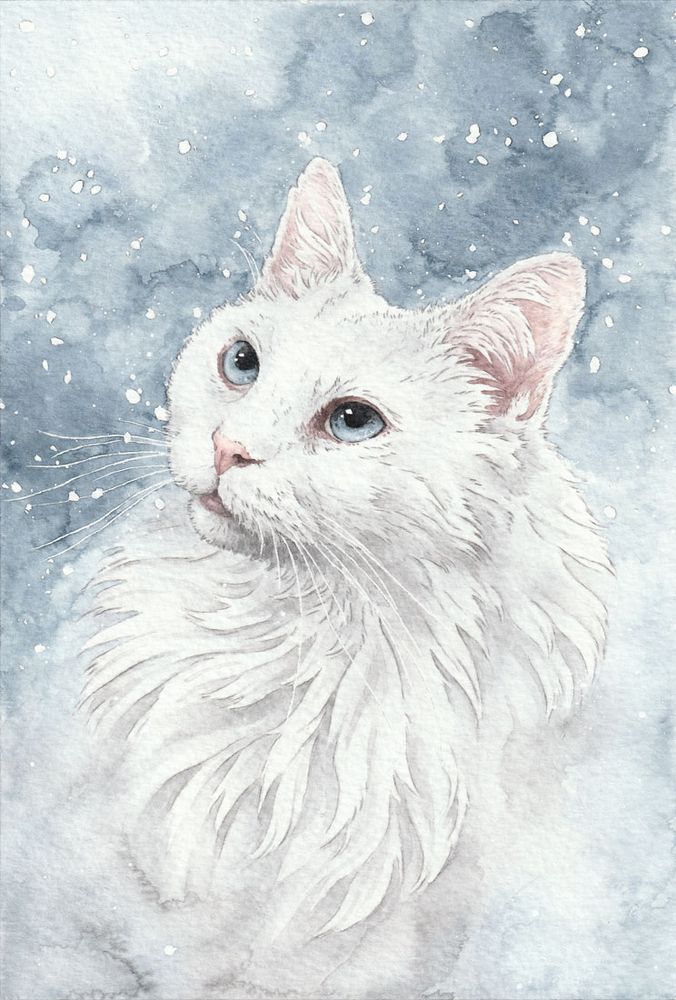 watercolor painting, a fluffy white cat portrait with blue eyes. The background is the same blue, with falling snowflakes.