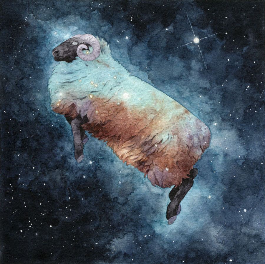 watercolor painting of a black sheep with luminous starry wool jumping in space.