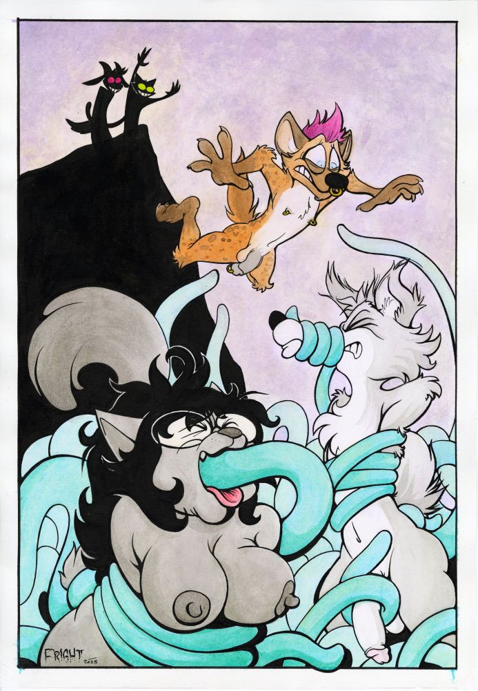 A watercolor illustration of a hyena boy being thrown by two silhouetted figures into a tentacle pit. Already in the pit being stuffed beyond capacity are a fat cat girl and a skinny borzoi boy.