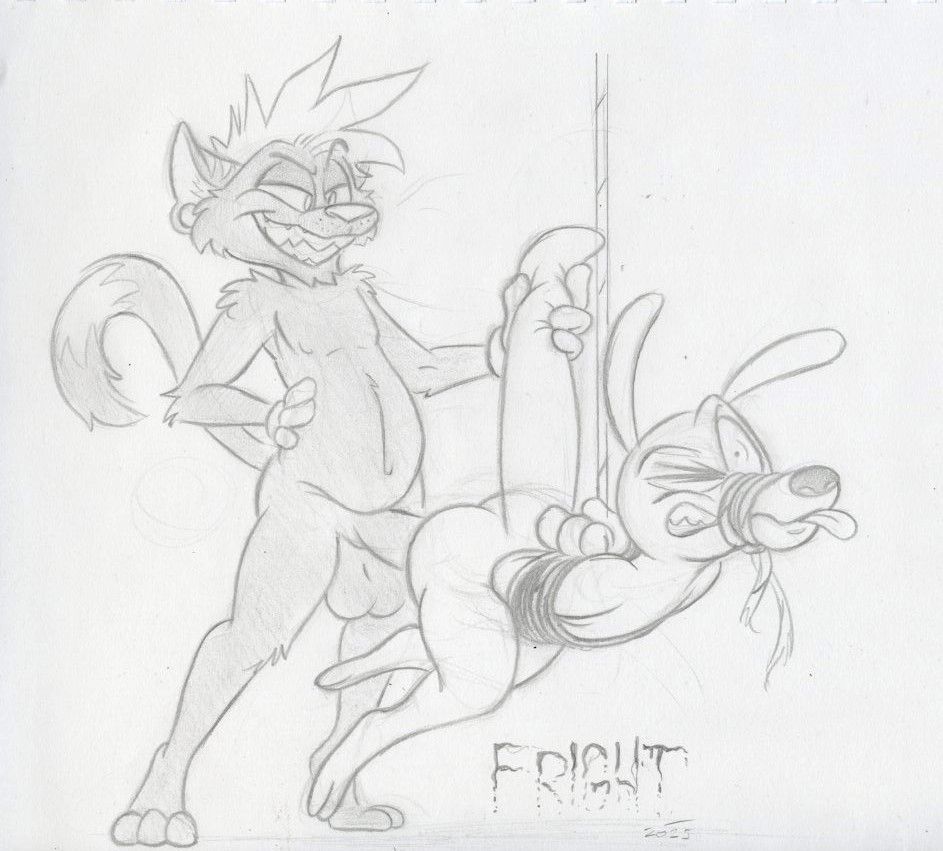 A sketch of a punk cat boy fucking Rocko the wallaby. Rocko is tied up tightly and suspended from the ceiling, his snoot it tied shut, and he's squirming around uncomfortably as the cat stuffs his massive dick into Rocko's butt. 