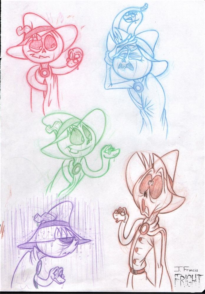 An expression sheet for my pumpkin-headed enby explorer fella, Stanley Crowe and their pal Vivian the snake. They're makin' all kinds of cartoony faces ;3