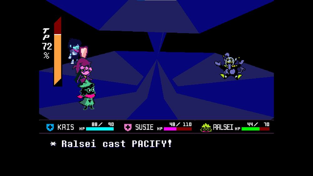 Ralsei successfully casting Pacify on Jevil