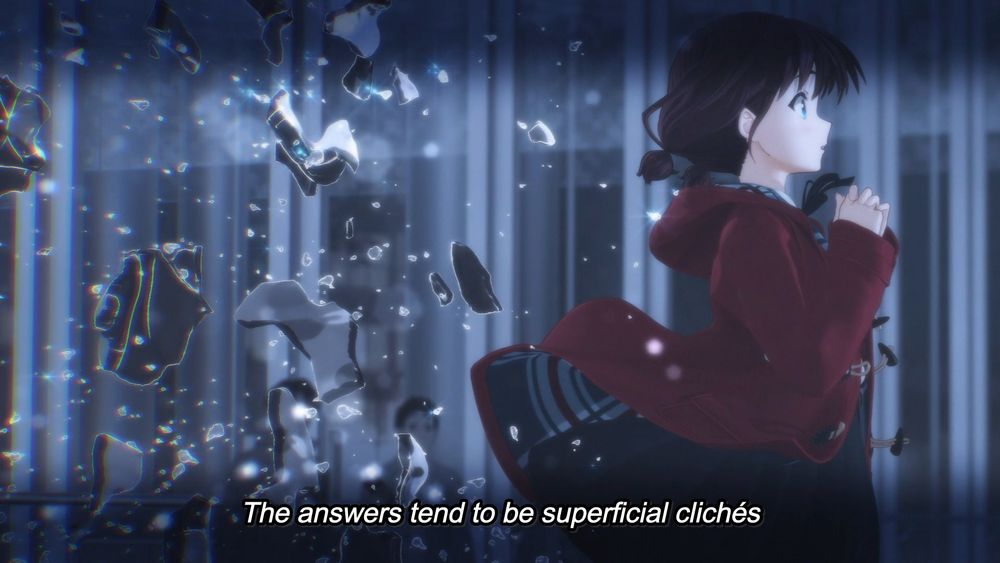 the same girl, now in color, the fragments of her black and white "shell" blown off behind her, with her clothes and hair also blown back by the force of it