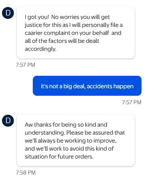 customer service chat window
customer service employee: I got you!  No worries you will get justice for this as I will personally file a  caarier complaint on your behalf  and all of the factors will be dealt accordingly.

me: it's not a big deal, accidents happen

customer service employee: Aw thanks for being so kind and understanding. Please be assured that we’ll always be working to improve, and we’ll work to avoid this kind of situation for future orders.