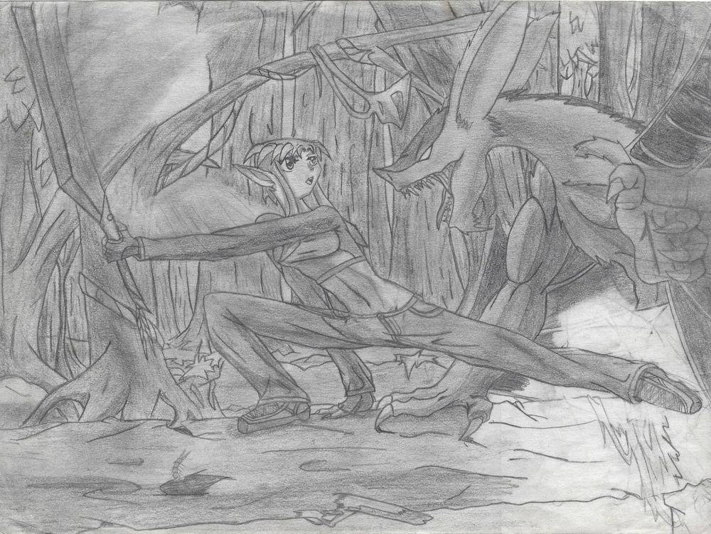 An epic forest/swamp battle between "high-elf" Jessica and a bambread.