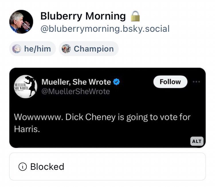 Shows being blocked for quote skeeting mueller she wrote with her own tweet “wowww Duck Cheney is going to vote for Harris