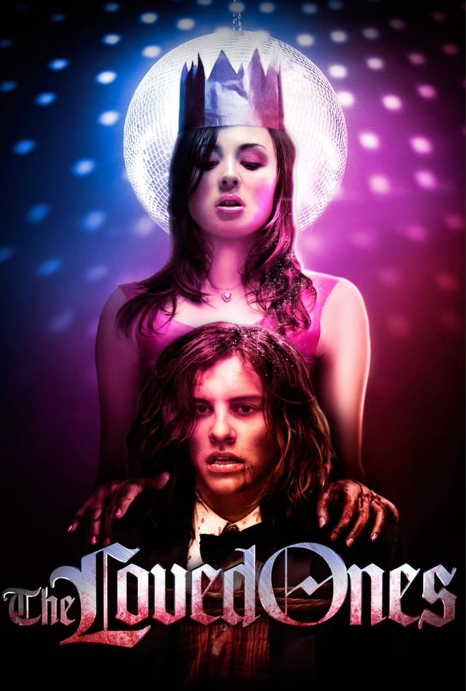 A movie poster from the movie the loved ones. The picture of a woman in a pink dress with crown standing behind a young man in a suit covered in blood