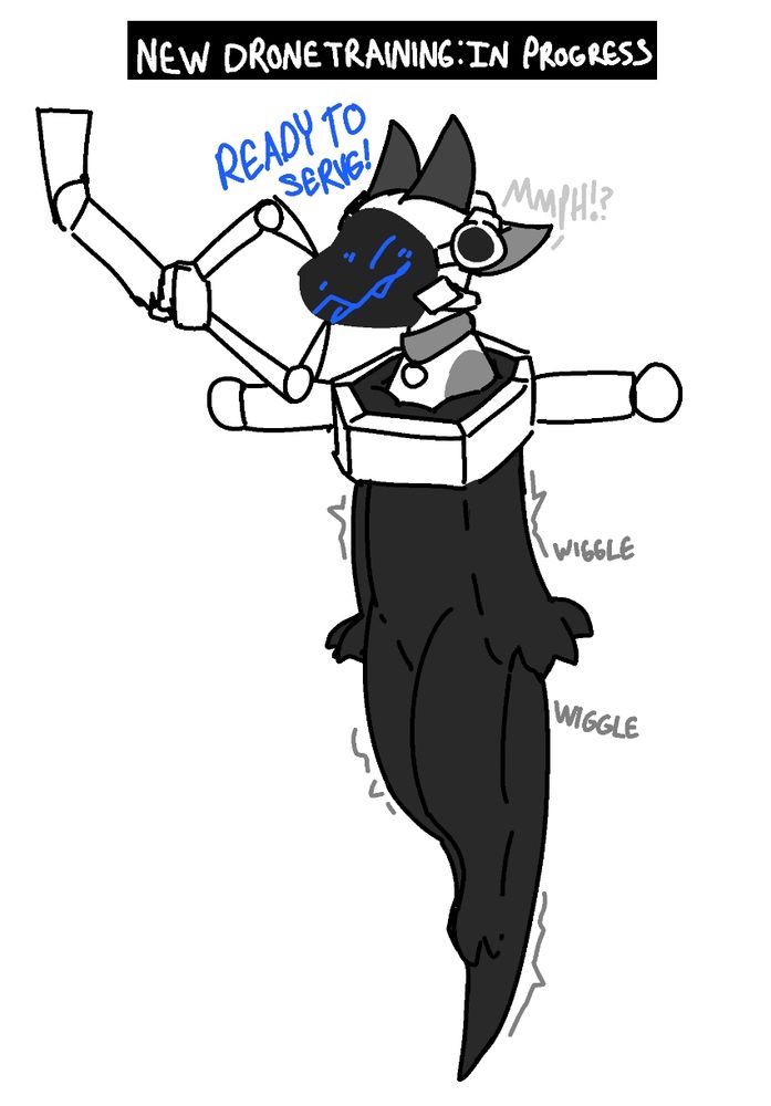 Kobold being put in a constraining rubber suit, with a digital mask being put over their face. The text at the top reads: "New drone training: In progress". The kobold is saying via the mask "Ready to serve!", but can be seen is actually muffled under the mask. They are wiggling around
