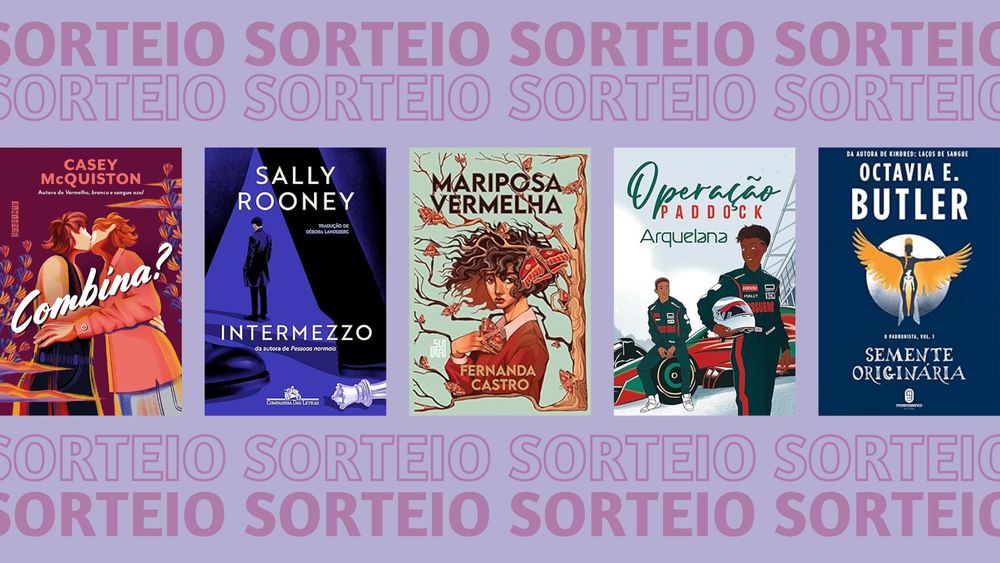 imagem do sorteio com fundo roxinho, com o texto SORTEIO se repetindo em cima e embaixo. No centro, tem 5 imagens com as capas dos livros: Combina?, Intermezzo, Mariposa Vermelha, Operação Paddock e Semente Originária.