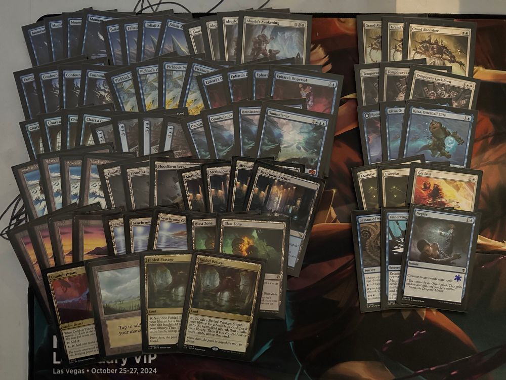 4 moment of truth
4 fallaji archaeologist
4 abuelo’s awakening
4 confounding riddle
4 picklock prankster
4 ephara’s dispersal
4 chart a course
4 invasion of arcavios
4 omniscience
4 adarkar wastes
3 floodfarm verge
4 meticulous archive
4 island
3 seachrome coast
2 blast zone
1 conduit pylons
1 plains
2 fabled passage

3 grand abolisher
3 temporary lockdown
1 rona, herald of invasion
2 kitsa, otterball elite
2 exorcise
1 get lost
1 season of weaving
1 unnerving grasp
1 negate
