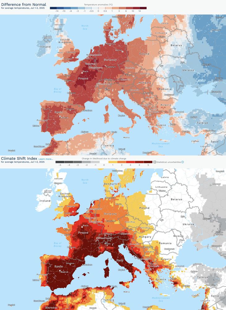 Temperature anomalies on 1-2 July in Europe an Climate Shift Index (change in likelihood due to climate change).
https://www.climatecentral.org/climate-shift-index