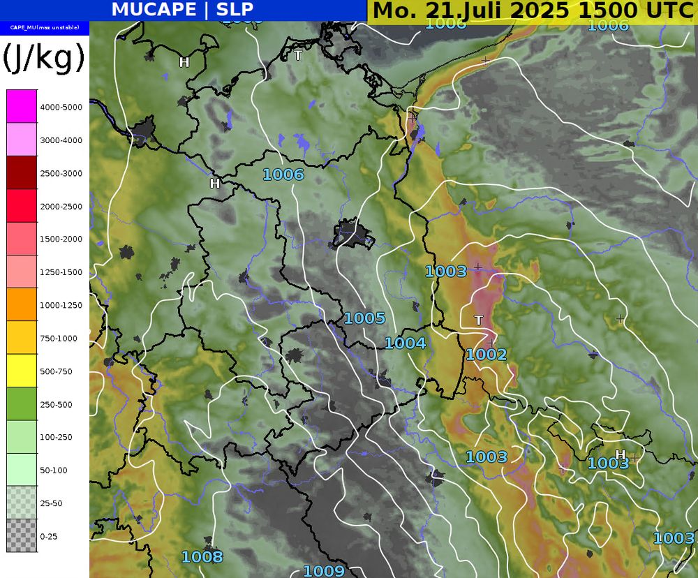 ICON-D2-Forecast of Most Unstable CAPE and Sea Level Pressure