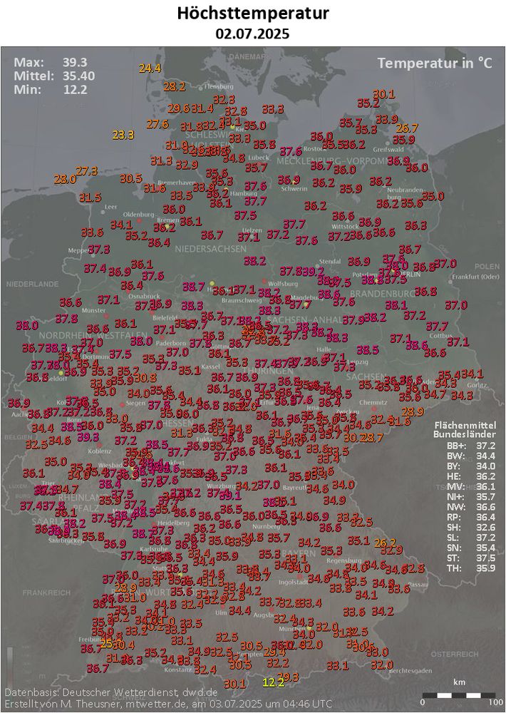 Temperature highs on 2 Jun in Germany.