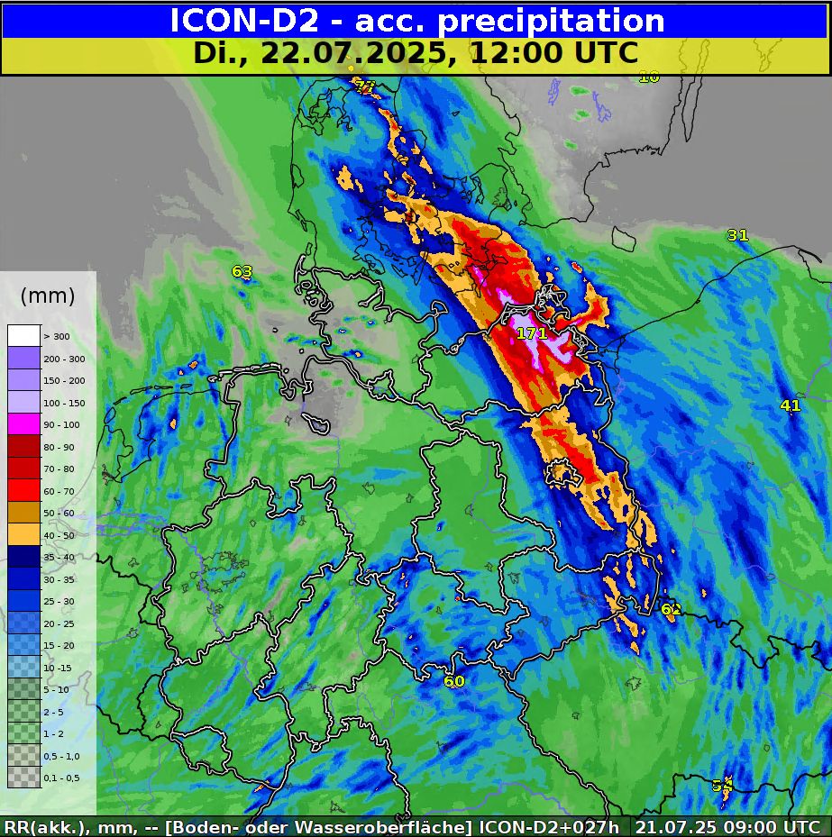 accumulated precipitation forecast for 22 Jul, 12 Z, by ICON-D2.