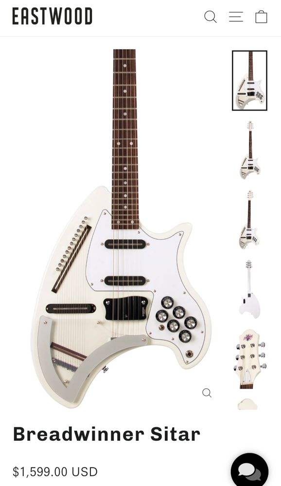 Eastwood Guitars version of an Ovation Breadwinner electric guitar as an electric sitar with drone strings on the upper bout.