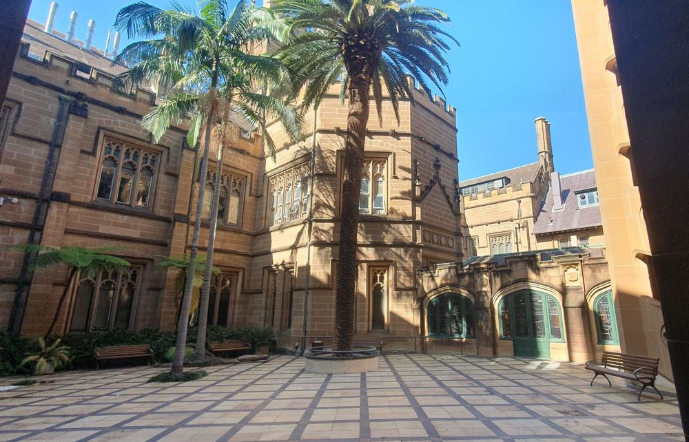 Neo gothic courtyard with palm trees.