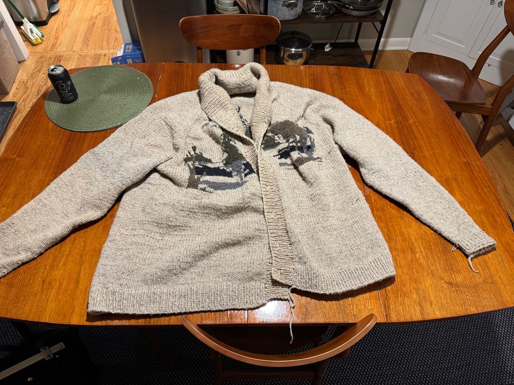 shawl collar handknit sweater with moose design