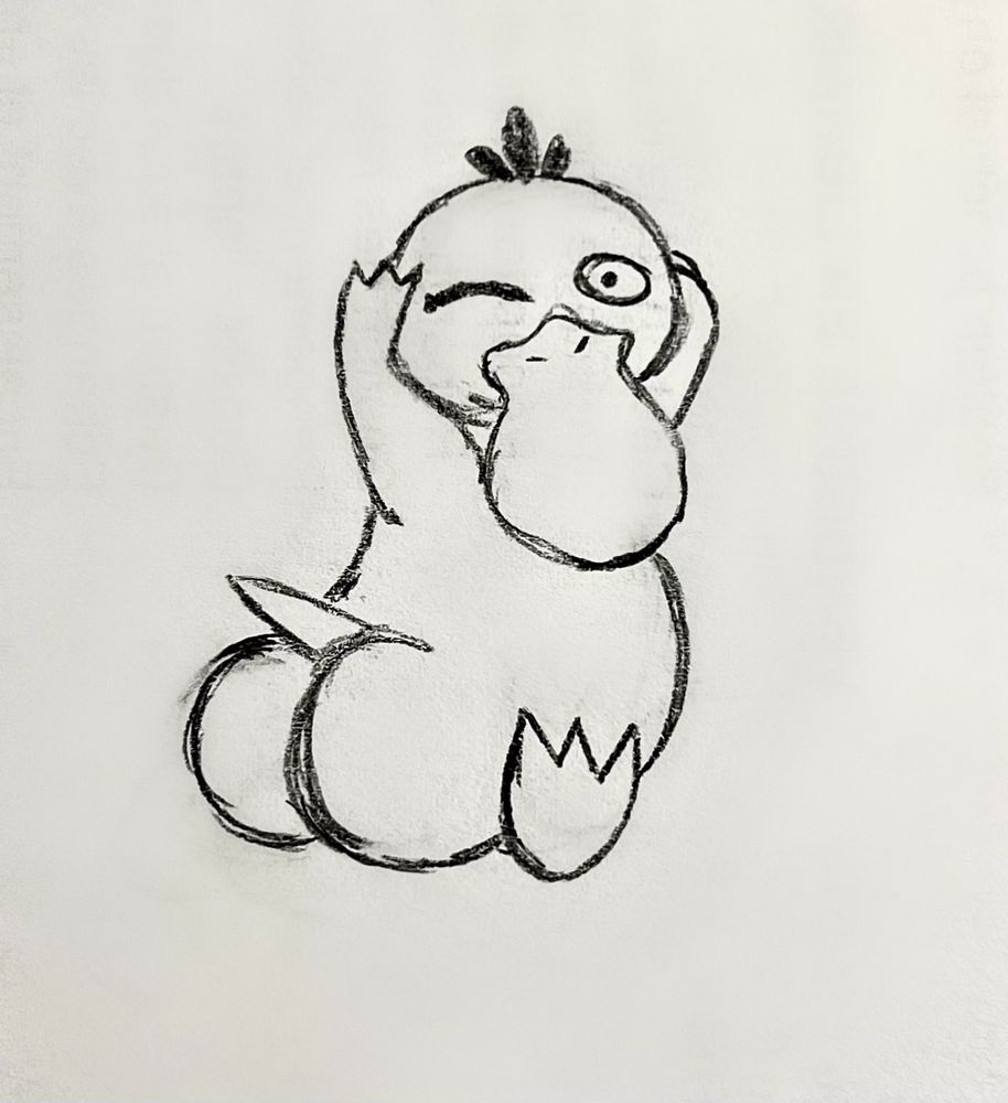 Croquis au crayon d'un Psykokwak qui fait un clin d'œil, avec un bon bouli.