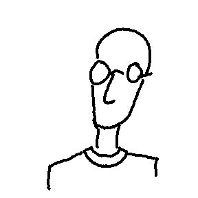 A black and white abstract drawing of a bald white guy with glasses
