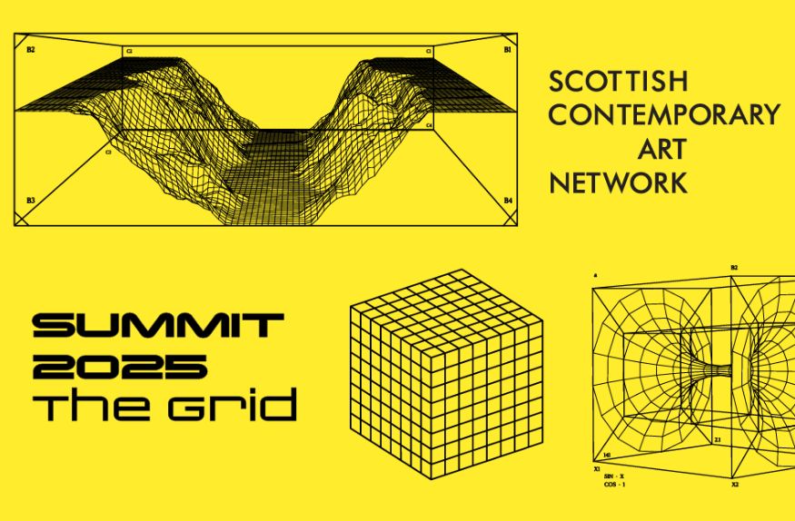 A yellow background with black grids and diagrams of landscapes and abstract shapes in a grid formation. The text reads: 'Scottish Comtemporary Art Network', top middle and 'SUMMIT 2025: THE GRID' bottom left.