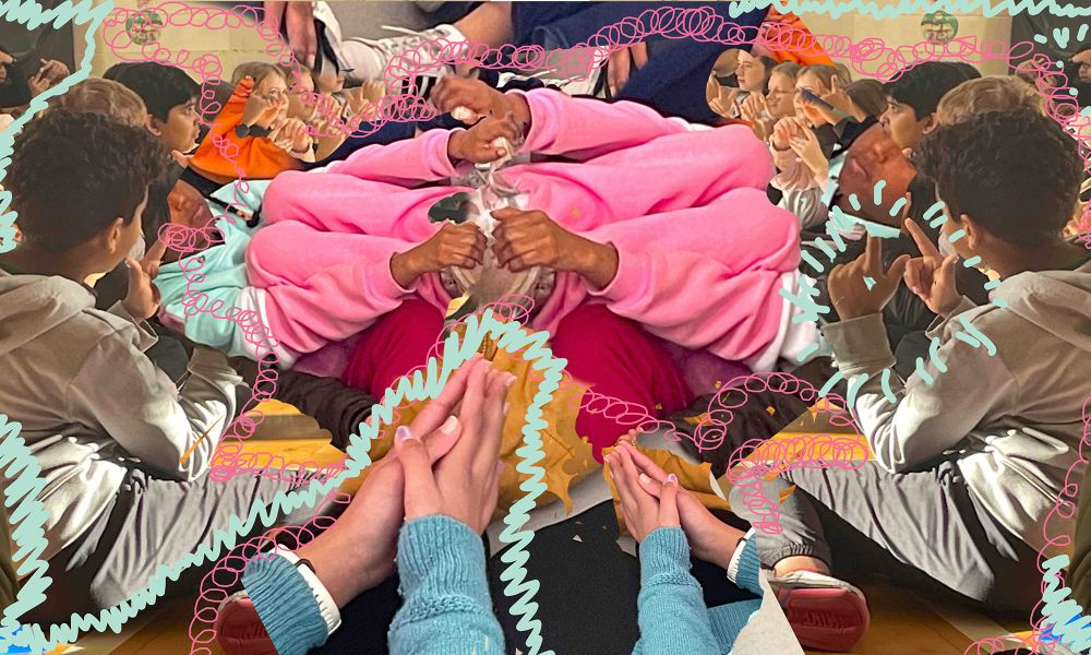colourful collage of children holding arms out with outlines scribbled around in colour