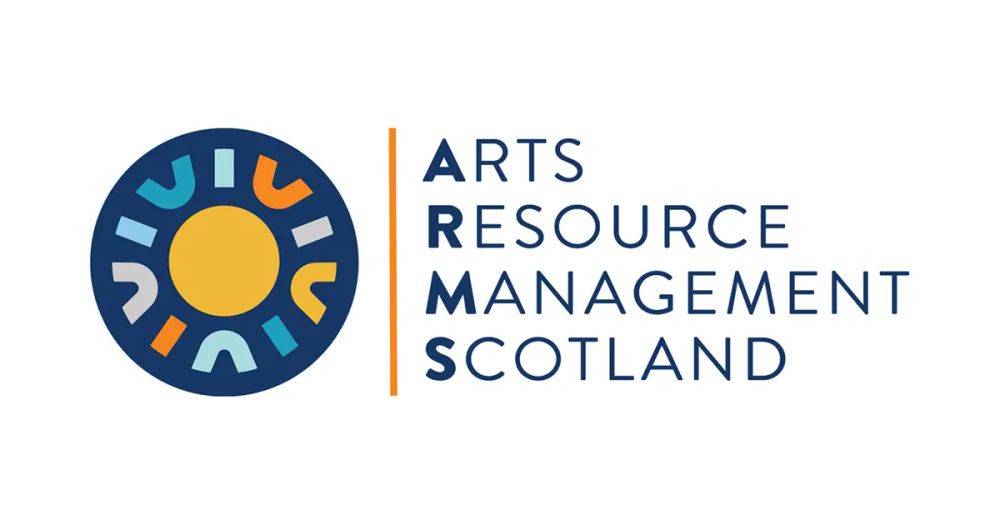 on the left, logo of a navy blue circle with a yellow centre and colourful pattern around the edges, on the right, text reading ARTS RESOURCE MANAGEMENT SCOTLAND