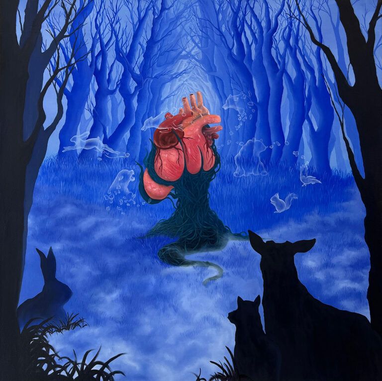 fantastical painting of a woodland scene in blue tones, with an anatomical red heart on a tree trunk in the middle