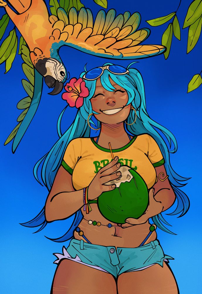 Hatsune miku brasileira segurando um côco e uma arara no canto da tela