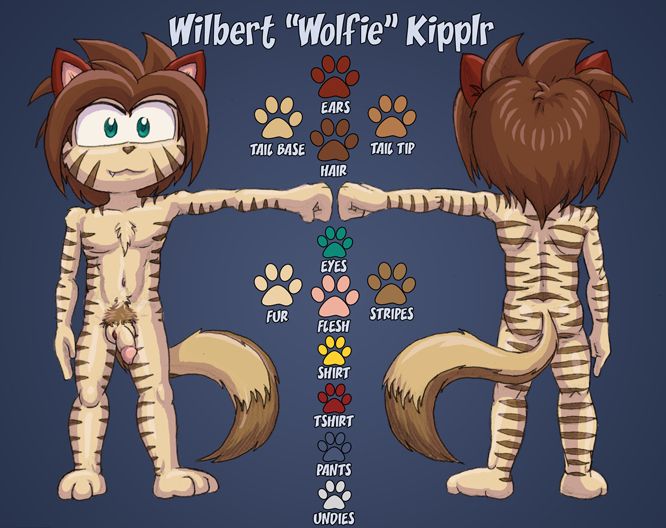 A reference sheet for a furry OC “Wolfie” aka Wilbert Kipplr but this one is without cloths to show how the tiger stripe pattern covers his body and his genitalia.
