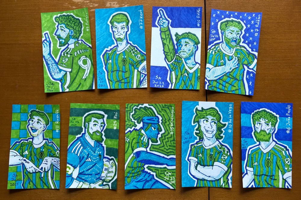 A set of nine illustrations on flash cards, each using only four Sharpies (cyan, blue, lime, and green) and five gel pens (sky blue, lime, standard blue, green, and white). Each illustration features an active player with the Seattle Sounders; the top row includes Jesús Ferreira, Ryan Kent, Alex Roldán, and Cristian Roldán, while the bottom row includes Albert Rusnák, Stefan Frei, Georgi Minoungou, Pedro de la Vega, and João Paulo.