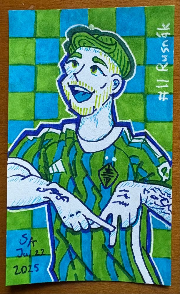 Art of Seattle Sounders player Albert Rusnák, done on a flash card using only gel pens and Sharpies, aside from an initial pencil sketch.