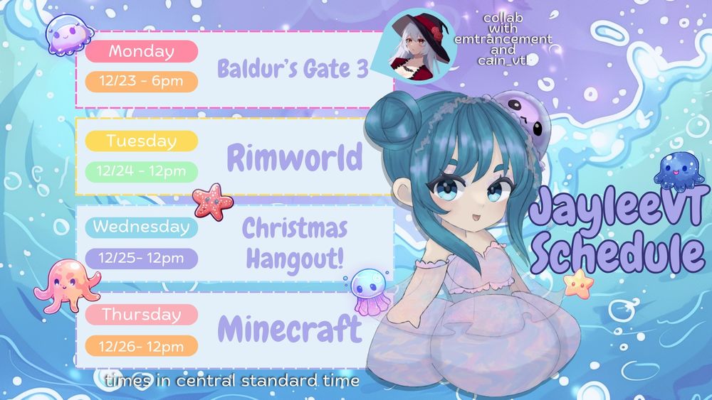Mon - 12/23 - 6pm - Baldur's Gate 3 with Emtrancement
Tues - 12/24 - 12pm - Rimworld
Weds - 12/25 - 12pm - Christmas hangout!
Thurs - 12/26 - 12pm - Minecraft