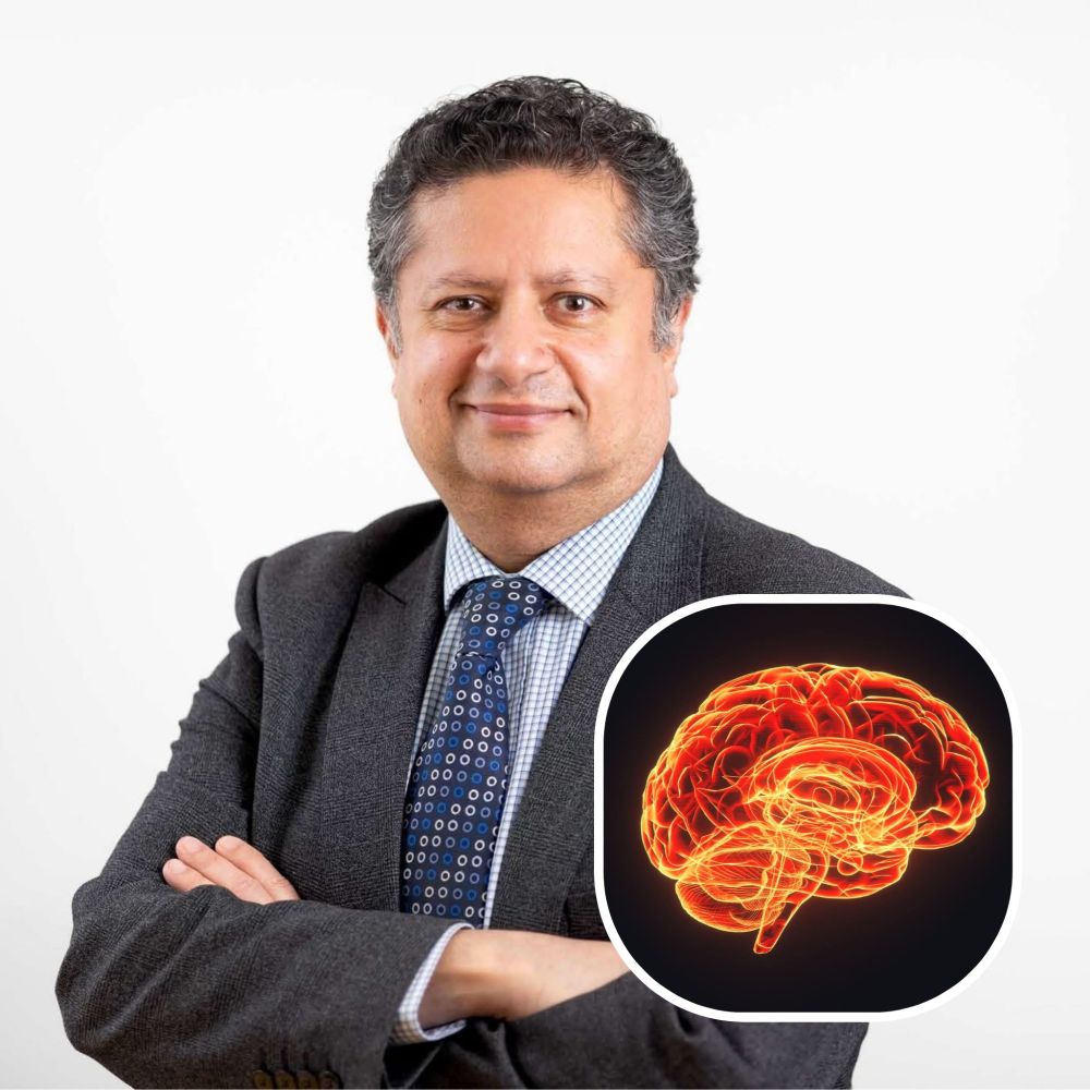 Image of Keyoumars Ashkan MBE, Professor of Neurosurgery at King’s on the left and on the right is a image of a red holographic brain.