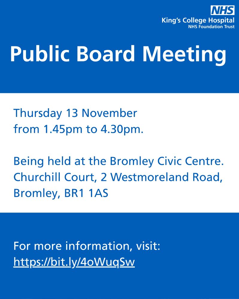 Public Board Meeting graphic. Text:
Thursday 13 November 
from 1.45pm to 4.30pm.

Being held at the Bromley Civic Centre.
Churchill Court, 2 Westmoreland Road, Bromley, BR1 1AS

For more information, visit:
https://bit.ly/4oWuqSw