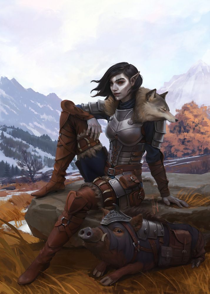 Dunmer woman in a metal and leather armour is sitting on a big rock with her warrior hog companion, with snowy mountains and autumn trees on the background.