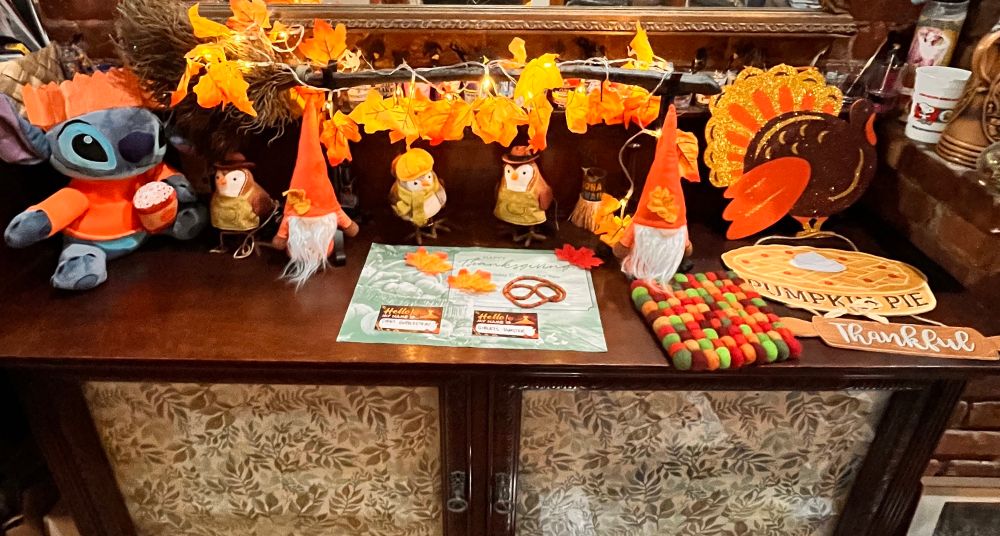 Pumpkin spice Stitch, farmer birds, leaf lights, orange gnomes, and a sparkly turkey.