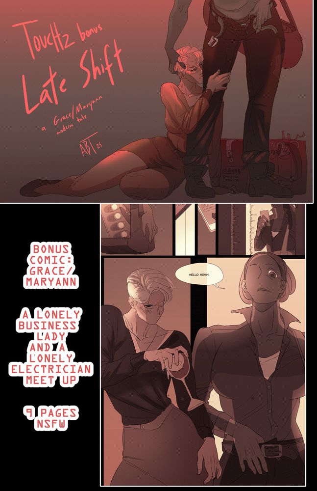 A preview of the TOUCH 2 minicomic that reads "Bonus comic: Grace/ Maryann. A lonely business lady and a lonely electrician meet up. 9 pages nsfw".