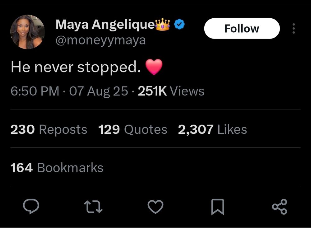 Tweet from Money Maya saying "he never stopped."