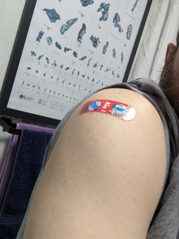 The top of my arm with a red plaster on it, with two images of Mr. Bump.