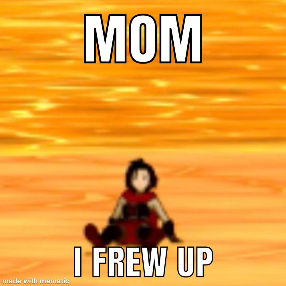 Ruby Rose from “RWBY” sitting on a beach with the text “Mom I frew up”