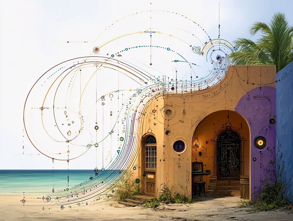 Surreal view of a beach house painted in in tan, purple, and blue, with a data-level overlay of intricate energy patterns.