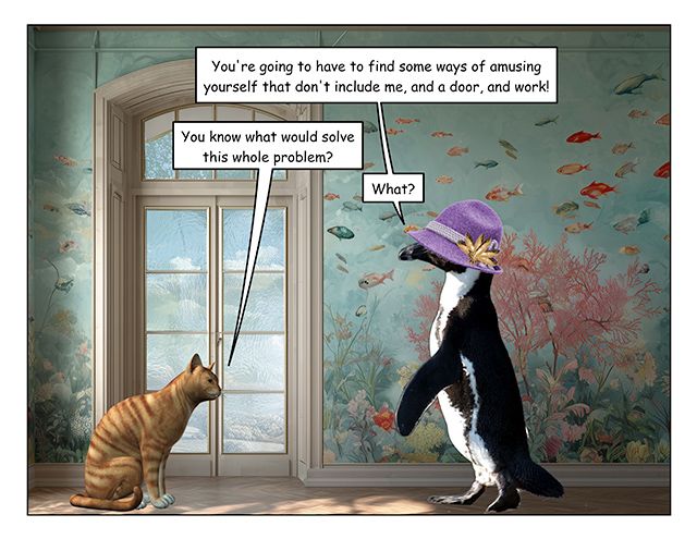 Page 3: The penguin is looking at the cat, who is sitting.

Penguin: You're going to have to find some ways of amusing yourself that don't include me, and a door, and work!

Cat: you know what would solve this whole problem? 

Penguin: What?
