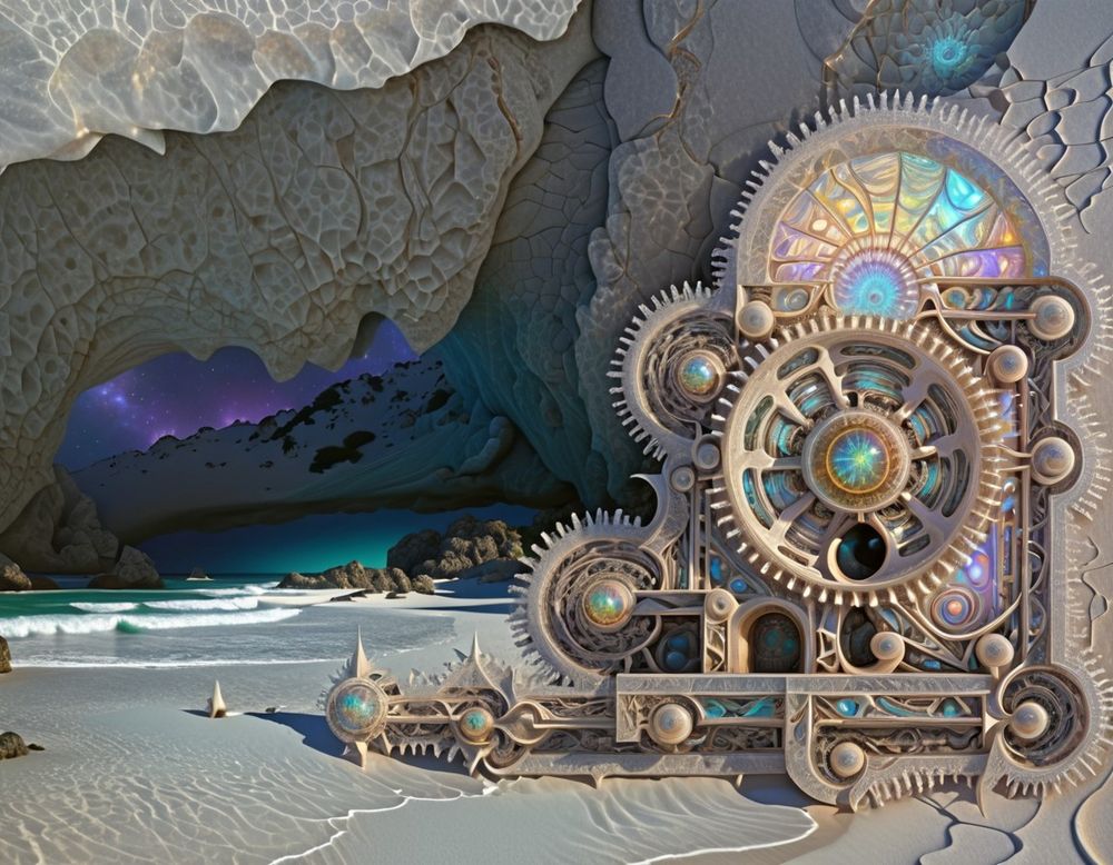 Otherworldly mechanical structure with intricate gears, glowing elements, and iridescent accents on a brightly lit beach; in the background, a night scene of a glowing ocean and star filled sky.