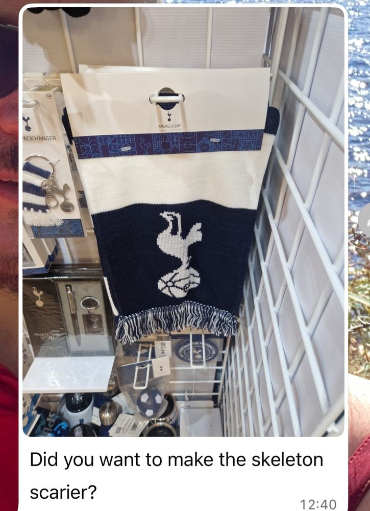 Text: Do you want to make the skeleton scarier. Photo of Spurs merch.