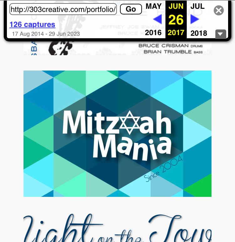 Screenshot of an archived version of the 303design portfolio that shows work for “Mitzvah Mania”